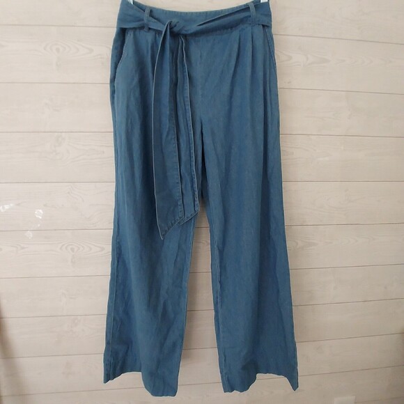 Draper James Jeans Size 8 Wide Leg Chambray Pants Tie Waist Medium Trouser Short - Picture 2 of 10
